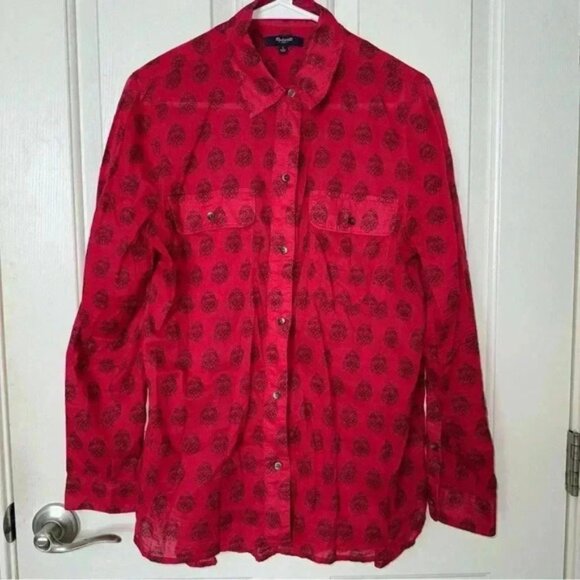 Madewell Long Sleeve Button-Up Shirt Red Black Woman’s Sz L Style A6057 Cotton - Picture 1 of 6